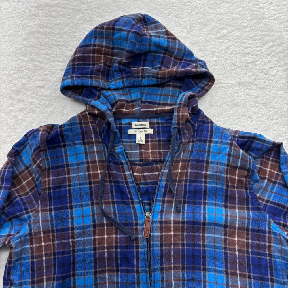 LL Bean Womens Relaxed Fit Flannel Hoodie Blue Brown Plaid Zip Jacket L 502092